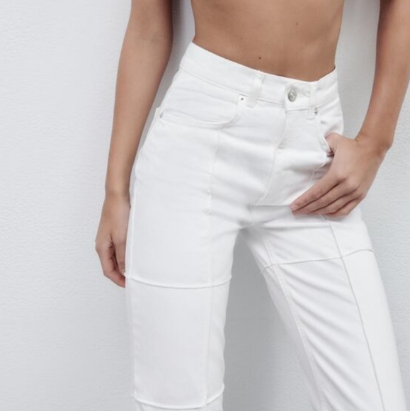 NWT Zara Patchwork Straight Leg White Jeans, Size 0 - Picture 5 of 10